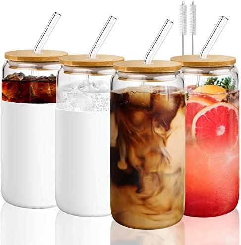 Copos de vidro com tampas e palhas de bambu - 4 pc 16oz de vidro em forma de lata com manga de silicone - coada de copo reutilizável com copo de vidro para café gelado, café expresso, cerveja, smoothie e sucos mhomeaid