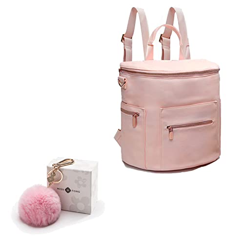 Miss Fong fraldas mochila, bolsa de bebê, bolsa de fraldas de couro, mochila de bolsa de fraldas com troca de teclado, com pom pom