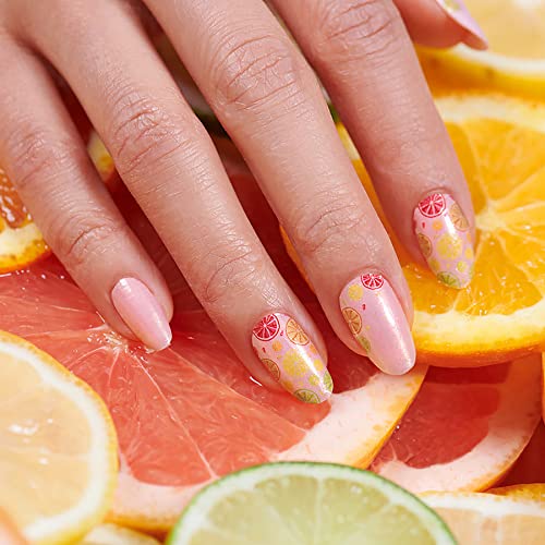 Squeeze principal - tiras de unhas de rua em cores, limão, limão, laranja e grapefruit Slice Designs em fundo rosa
