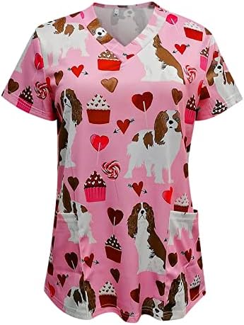 Enfermeiro uniformes para mulheres namorado manga curta impressão de coração uniforme de enfermagem vasta vil de gola em vaca casual camisa com bolsos