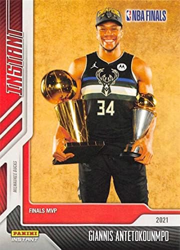 2021 Panini NBA Campeões Milwaukee Bucks 29 Giannis Antetokounmpo Finals MVP com Larry O'Brien Trophy Official NBA Basketball Card
