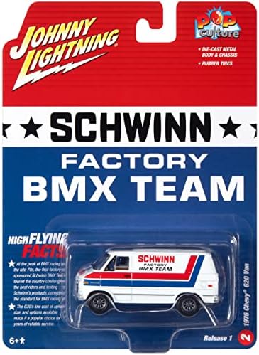 1976 Chevy G20 Van White w/Stripes Schwinn Factory BMX Team Cultura pop 2023 Release 1 1/64 Modelo Diecast Car por Johnny Lightning JLPC011-JLSP311