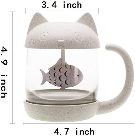 Jewoster fofo gato de vidro copo de chá com filtro de filtro de infusador de chá de peixe