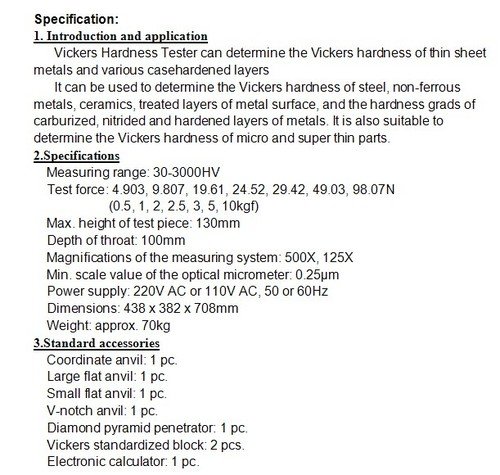 Gowe Vickers Tester de dureza Faixa de medição: 30-3000HV