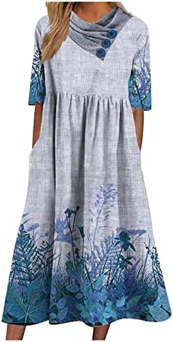 Vestidos para mulheres de verão Floral Causal Botão V Dress Midi de manga curta com bolsos soltos de praia de vestidos