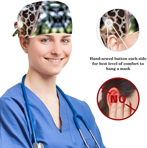 Cirurgia Cap bouffant Bonicha de trabalho com botões e scrunchie de cabelo de proa para mulheres, cabelos longos, girafa