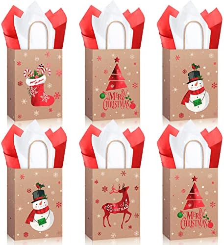 16 PCS Sacos de presente de Natal de Natal Kraft Gift Bacs Bulk com alças 3D FOIL DE OURO ACENDE