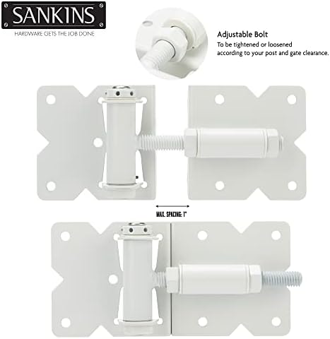 Sankins, portão de fechamento, depende de hardware pesado depende de dependências para cercas de madeira/vinil/PVC, dobradiça de portão ajustável de 90 graus com parafusos de instalação e ferramenta de ajustador de giro, 2 pacote/conjunto, branco