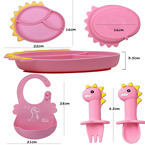 Conjunto de alimentação para bebês kavonoi ， Silicone Plate Plate Dinosaur Shape Selffeeding babador ajustável ， Placa