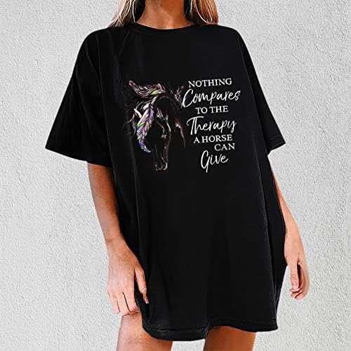 Camisetas femininas letra engraçada imprimir cavalo gráfico de manga curta túnica túnica de verão casual o pescoço blusa de ajuste solto