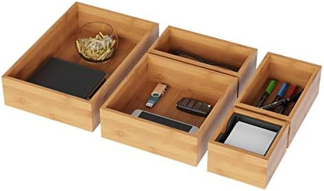 Organizador de gaveta doméstico luxuoso - 5 compartimento modular de madeira natural de madeira de bambu de bambu armazenamento de bandeja para cozinha, escritório, quarto e banheiro
