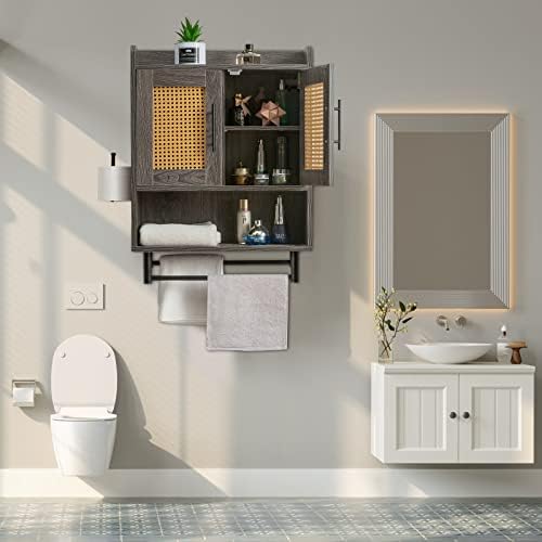 Gabinete de parede do banheiro sultage, armário de armazenamento sobre banheiros com 2 toalhas, suporte de papel e prateleira ajustável em 9 combinações, armários de remédios ideais para banheiro, sala de estar, cozinha
