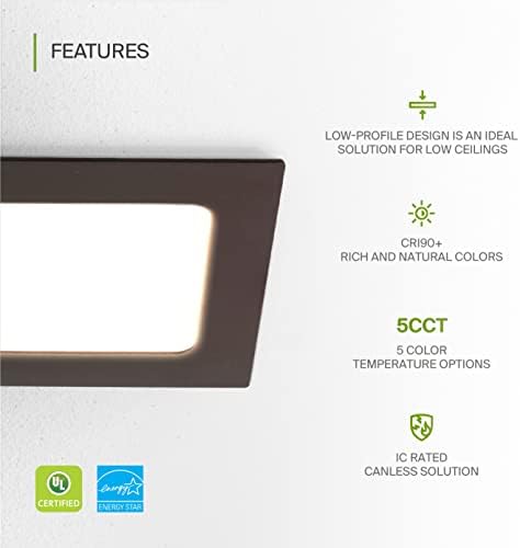 ASD 4 polegadas Ultra Fin Square LED LED de iluminação embutida Bronze, 5 cct 2700k-5000k 12w 50w EQV, Dimmable DiMless Teto