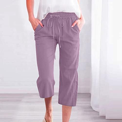 Calças capri para mulheres para mulheres casuais coloras elásticas de cintura solta calças largas de perna larga algodão
