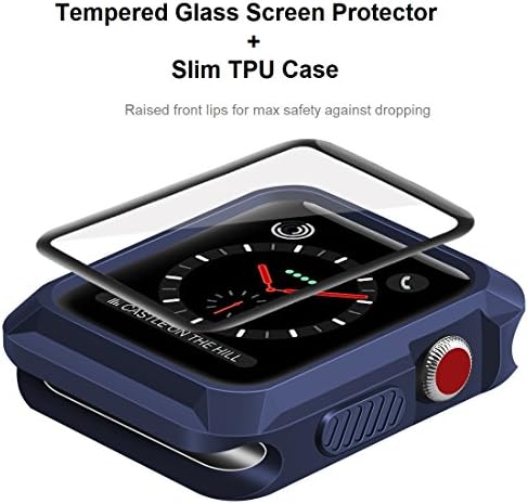 Wolait Compatível com a caixa Apple Watch 42mm, estojo de proteção acidentado + protetor de tela de vidro temperado para série 3, série 2, série1, Marinha
