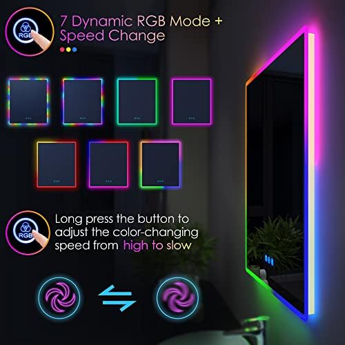 LVSOMT LED RGB Mirror de banheiro para parede, espelho de vaidade de parede de 24 x 28 com luzes de mudança de cor, espelho de luz leve, espelho iluminado de retângulo, toque inteligente, anti-canela