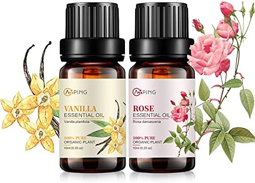 Óleos essenciais de rosa e baunilha - óleos vegetais naturais orgânicos puros para difusor, aromaterapia, spa, massagem, ioga, perfume, corpo - 2x10ml