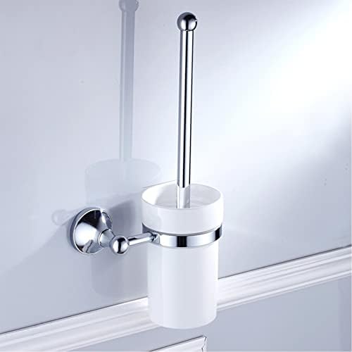 Conjunto de porta -escova de vaso sanitário cromado, suporte de escova de escova de escova de banheiro montado na parede com copo de cerâmica, rack de pincel limpo de banheiro de latão para banheiro