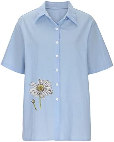 2023 Camisas de linho de algodão de verão para mulheres Trendy Floral Impresso de manga curta Tops de lapela Robra grátis