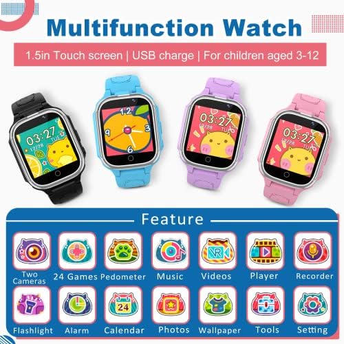 Crianças Smart Watch Girls Boys, Relógios para crianças de 3 a 12 anos, Crianças Smartwatches com 24 jogos de aprendizagem Duplo Câmera Vídeo Pedômetro Música Lantear, presentes ideais para crianças meninos meninos