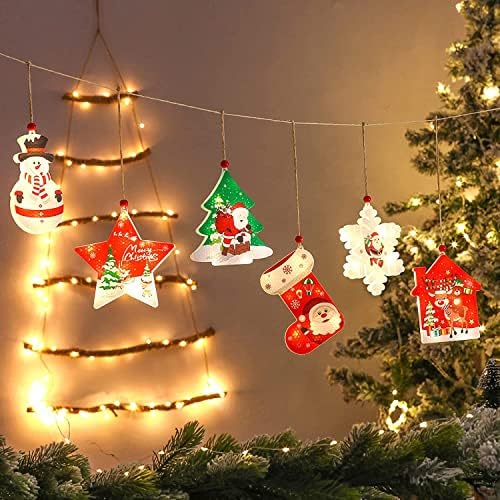 Decorações em árvores de Natal em miniatura, mini enfeites de natal conjunto de 6, luzes de Natal operadas por bateria, luzes de Natal, luzes ao ar livre com estrelas de flocos de neve casas