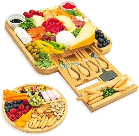 Ayeeko Bamboo Cheese Board and Knife Set, Conjunto de quadro de charcutaria de madeira e bandeja de queijo, que aquece queijo de queijo Bacto