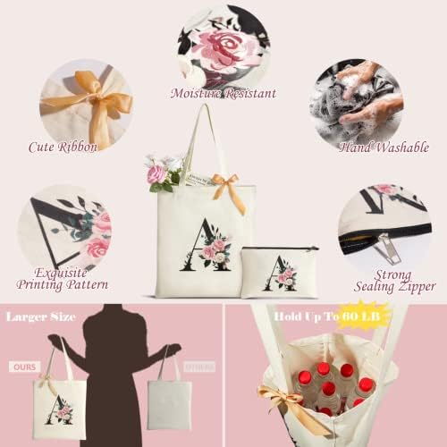 AuNool Inicial Floral Canvas Bag 2 bolsos, bolsa de presente de casamento personalizada para mulheres dama de honra, bolsa de maquiagem cosmética