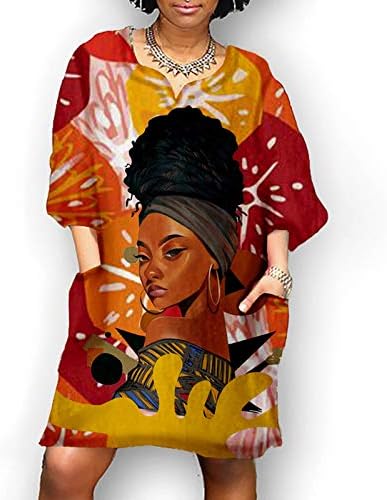 Vestido africano da moda vestidos estampados de padrão vintage para mulheres de manga média v pescoço casual solto e um mini vestido