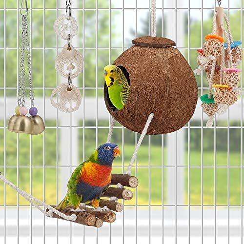 Pássaro periquito brinquedo pássaro gaiola hammock bird poleiro hideaway de coco natural com escada mastigando o brinquedo de sino pendurado com espelho para papagaios, periquitos, conure, cacicado, birchave, pássaros amorosos, mynah, tentilhões
