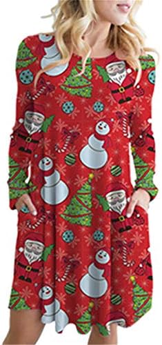 ANDONGNYWELL Feminino de impressão de Natal redondo pescoço casual vestido midi natal vestidos estampados com bolsos