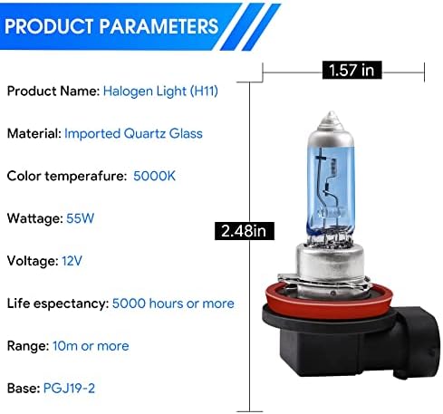Lâmpada de farol do carro de halogênio H11, luz super branca de 5000k, PGJ19-2 12V/55W 2000 Lumens 1200 horas, IP67,