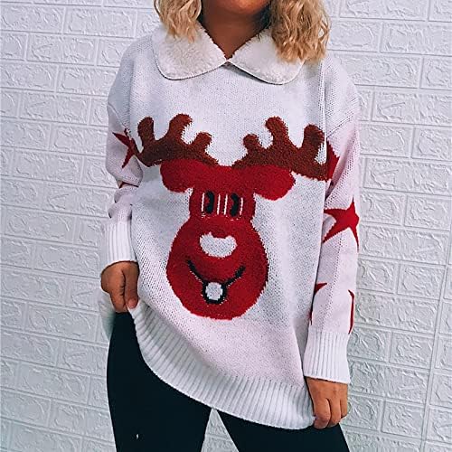 Chapéu de moda do suéter de Natal feminino férias de suéter de desenho animado doce no pescoço redondo