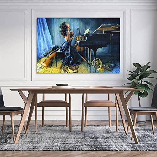 08x12inch personagem de arte pintura menina com piano de pintura a óleo artesanal canvas azul pintando
