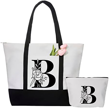 Janhavi Inicial Saga de tela com zíper, bolsa de presente personalizada com bolsos dianteiros e internos, sacolas reutilizáveis ​​para mulheres