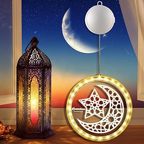 Luzes decorativas de janela decorativa do Ramadã Glaitc, Islam Mubarak Decoração da Lua e Star Luzes 3D Decorações penduradas com copo de sucção Decoração de luz muçulmana islâmica para feriado de quarto interno externo