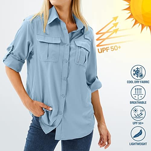 Toumett Mulheres UPF 50 Manga longa de manga UV Proteção solar Safari Camisetas ao ar livre Camisas de viagem para caminhada