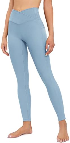 Leggings de crossover de Heathyoga com bolsos para mulheres com calças de ioga com cintura alta com bolsos Cross Ciists Workout Perneiras