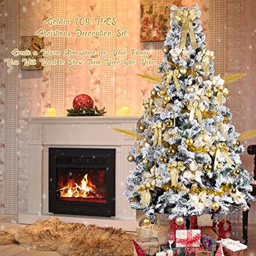 LAWOHO 109pcs Ornamentos de árvore de Natal Conjunto, Topper de árvore de arco, poinsétia glitter, arcos, bolas, flocos de