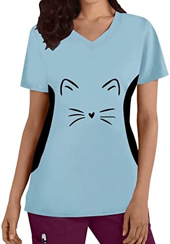 Treino feminino cubos de manga curta feminino plus size top v pescoço de gatos curtos de mangas curtas estampas de camisa blusa básica para