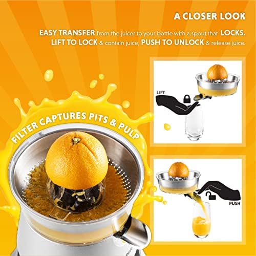 Eurolux Electric Citrus Juicer Squeezer, para laranja, limão, toranja, aço inoxidável 160 watts de alça de alça macia e tampa do cone