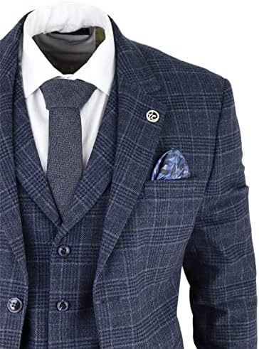 Mens cinza Tweed 3 peças Terno azul Verifique o vintage da década de 1920s Gatsby Blinders