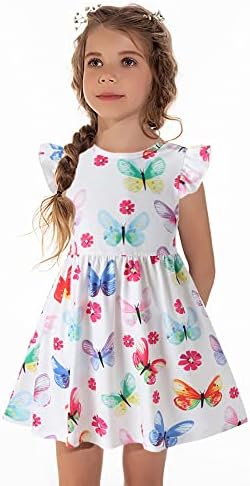 Meninas Vestido Kid Floral Ruffle Sleeve Unicorn Sundress Summer Summer Toddler Girl Roupos Tamanho de 2-7 anos