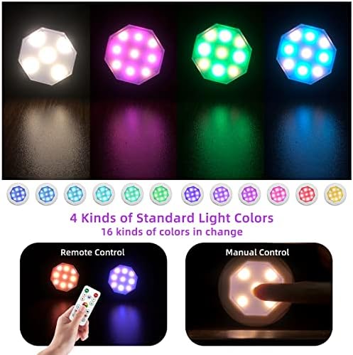 Luzes de disco com luzes de pressão de LED remotas operadas por bateria, 80 lúmens brancos macios e 15 cores, 4 modos
