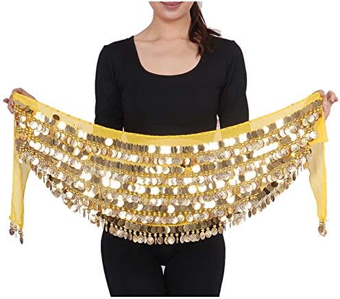 Wuchieal Belly Dance Hip Sconhas Chiffon Belly Dance Lenfra Belt Belt Belt Sash Salia com moedas de ouro