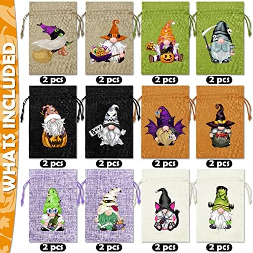 Halloween Surlap Sacos de tratamento com cordões 24pcs, aquarela 12 Projeta sacos de doces de Halloween Gnome Candy Sacos de presente,