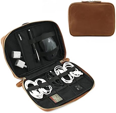 Bolsa organizadora de viagem de couro Pahvrion para bolsa de armazenamento eletrônico e multifuncional, para cabo de dados USB, carregadores, fio de ear-ph