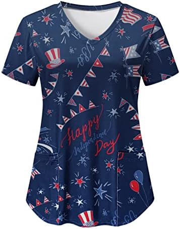 4 de julho Blusa para mulheres de verão Manga curta V camisetas com 2 bolsos Top da blusa casual da bandeira de bandeira dos EUA