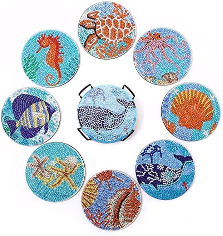 8 PCs Marine Animals Series Diamond Painting Coasters - Gzklsmy Diy Coasters Kits de arte de diamante Diferente Copo Cushion Non Slip Placemat com suporte para adultos e crianças iniciantes