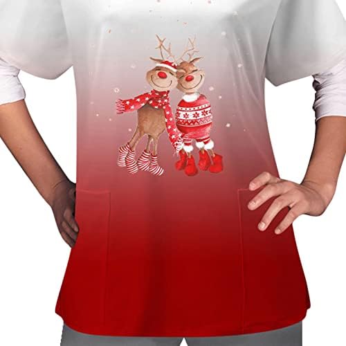 Scrub_tops para mulheres Manga curta Pullover redondo de pescoço trabalhador uniforme de Natal bolsos impressos Blush Tunic