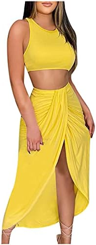 Womens Sexy High Split Scistt Skirt Conjunto de tampas curtas sem mangas sólidas e vestidos ruched assimétricos